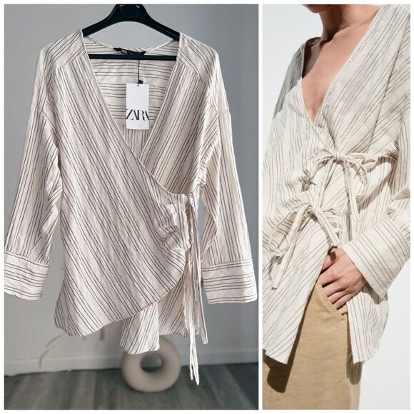Zara Rustic Striped Wrap Shirt New - Picture 1 of 11